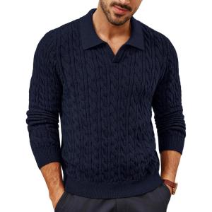 imagePJ PAUL JONES Men Sweaters V Neck Cable Knit Sweater Fall Casual Slim Fit PulloverNavy Blue