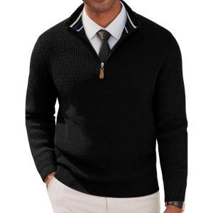 imagePJ PAUL JONES Mens Quarter Zip Pullover Sweaters Casual Waffle Texture Mock Neck Polo SweaterBlack