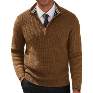 imagePJ PAUL JONES Mens Quarter Zip Pullover Sweaters Casual Waffle Texture Mock Neck Polo SweaterCoffee
