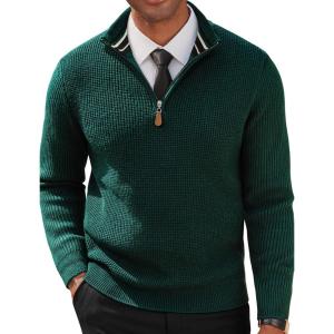 imagePJ PAUL JONES Mens Quarter Zip Pullover Sweaters Casual Waffle Texture Mock Neck Polo SweaterDark Green
