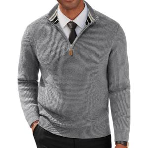 imagePJ PAUL JONES Mens Quarter Zip Pullover Sweaters Casual Waffle Texture Mock Neck Polo SweaterGrey