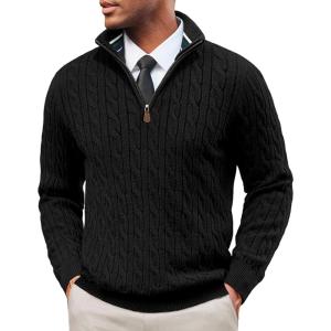 imagePJ PAUL JONES Mens Quarter Zip Sweater Cable Knitted Pullover Sweaters Textured Solid Colors SweaterBlack