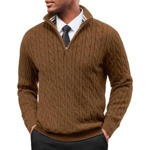 imagePJ PAUL JONES Mens Quarter Zip Sweater Cable Knitted Pullover Sweaters Textured Solid Colors SweaterBrown