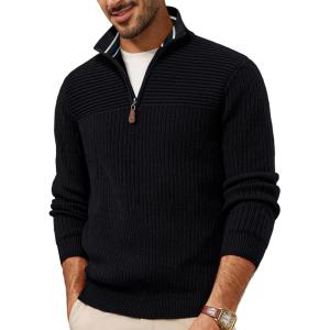 imagePJ PAUL JONES Mens Quarter Zip Sweater Lightweight Casual Pullover Mock Neck Textured SweatersBlack