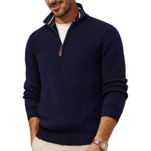 imagePJ PAUL JONES Mens Quarter Zip Sweater Lightweight Casual Pullover Mock Neck Textured SweatersNavy Blue