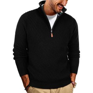 imagePJ PAUL JONES Mens Quarter Zip Sweaters Casual Slim Fit Knit Texture Pullover SweaterBlack