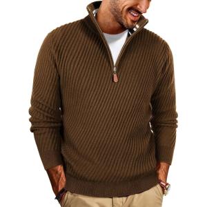 imagePJ PAUL JONES Mens Quarter Zip Sweaters Casual Slim Fit Knit Texture Pullover SweaterCoffee