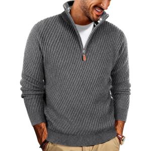 imagePJ PAUL JONES Mens Quarter Zip Sweaters Casual Slim Fit Knit Texture Pullover SweaterGrey