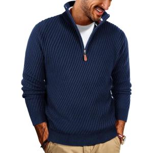 imagePJ PAUL JONES Mens Quarter Zip Sweaters Casual Slim Fit Knit Texture Pullover SweaterNavy Blue