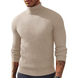imagePJ PAUL JONES Mens Slim Fit Turtleneck Sweater Casual Ribbed Knitted Pullover SweatersApricot
