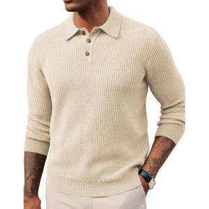 imagePJ PAUL JONES Mens Sweater Cable Knit Polo Collar Sweaters for Fall WinterApricot