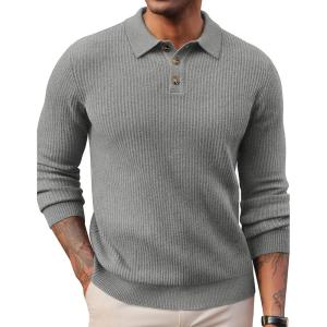 imagePJ PAUL JONES Mens Sweater Cable Knit Polo Collar Sweaters for Fall WinterDark Grey