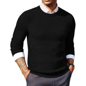 imagePJ PAUL JONES Mens Sweater Crewneck Cable Knit Textured Pullover Sweaters for FallBlack