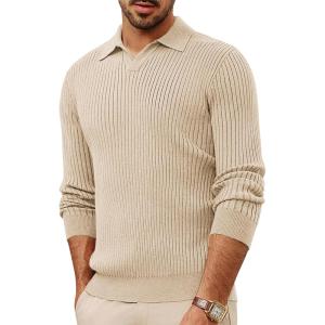 imagePJ PAUL JONES Mens Sweater V Neck Slim Fit Pullover Sweater Long Sleeve Ribbed Textured SweatersApricot