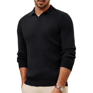 imagePJ PAUL JONES Mens Sweater V Neck Slim Fit Pullover Sweater Long Sleeve Ribbed Textured SweatersBlack
