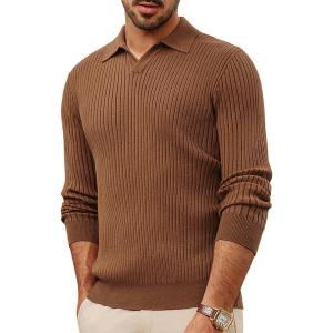 imagePJ PAUL JONES Mens Sweater V Neck Slim Fit Pullover Sweater Long Sleeve Ribbed Textured SweatersCoffee