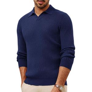imagePJ PAUL JONES Mens Sweater V Neck Slim Fit Pullover Sweater Long Sleeve Ribbed Textured SweatersNavy Blue