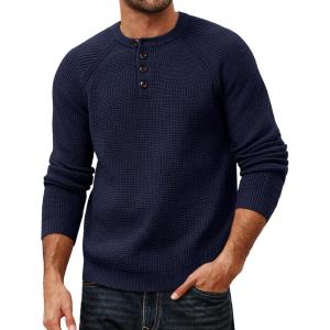 imagePJ PAUL JONES Mens Sweaters Casual Waffle Pullover Sweater Button Crewneck Textured Knit Henley SweatersNavy Blue