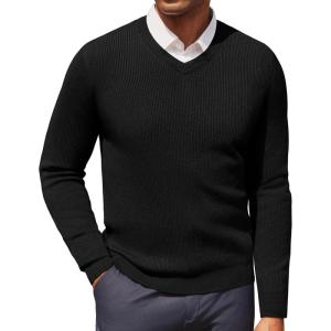 imagePJ PAUL JONES Mens V Neck Sweater Casual Textured Pullover Sweaters Lightweight Ribbed Knit PulloverBlack