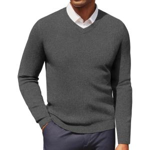 imagePJ PAUL JONES Mens V Neck Sweater Casual Textured Pullover Sweaters Lightweight Ribbed Knit PulloverDark Grey