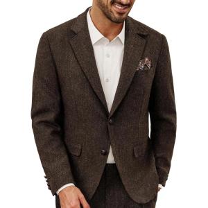 imagePJ PAUL JONES Mens Blazer Vintage Wool Blend Sport Coat Herringbone Tweed Blazer Suit Jacket with Pocket SquareDark Coffee