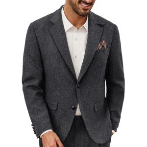 imagePJ PAUL JONES Mens Blazer Vintage Wool Blend Sport Coat Herringbone Tweed Blazer Suit Jacket with Pocket SquareDark Gray