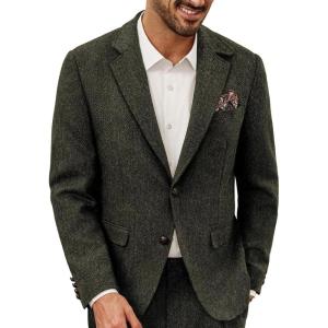 imagePJ PAUL JONES Mens Blazer Vintage Wool Blend Sport Coat Herringbone Tweed Blazer Suit Jacket with Pocket SquareGreen