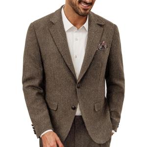 imagePJ PAUL JONES Mens Blazer Vintage Wool Blend Sport Coat Herringbone Tweed Blazer Suit Jacket with Pocket SquareKhaki