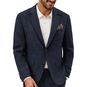 imagePJ PAUL JONES Mens Blazer Vintage Wool Blend Sport Coat Herringbone Tweed Blazer Suit Jacket with Pocket SquareNavy Blue
