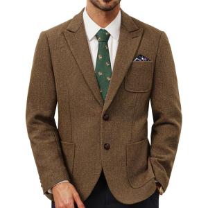 imagePJ PAUL JONES Mens Blazer Wool Blend Tweed Sport Coat Two Button Peaked Lapel Vintage Suit JacketsBrown