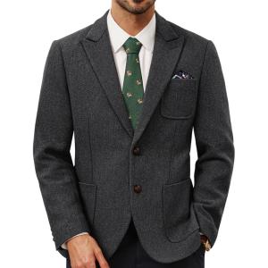 imagePJ PAUL JONES Mens Blazer Wool Blend Tweed Sport Coat Two Button Peaked Lapel Vintage Suit JacketsDark Grey