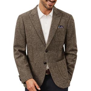 imagePJ PAUL JONES Mens Blazer Wool Blend Tweed Sport Coat Two Button Peaked Lapel Vintage Suit JacketsKhaki