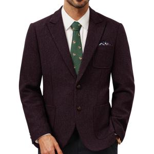 imagePJ PAUL JONES Mens Blazer Wool Blend Tweed Sport Coat Two Button Peaked Lapel Vintage Suit JacketsWine Red