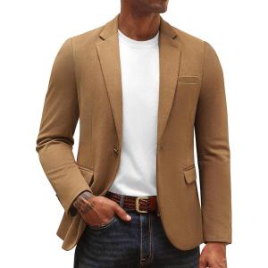imagePJ PAUL JONES Mens Casual Knit Sport Coats One Button Slim Fit Blazer Notch Lapel Solid Suit Jacket with PocketsBrown