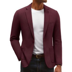 imagePJ PAUL JONES Mens Knit Blazer Casual One Button Sport Coat Slim Fit Lightweight Blazer JacketBurgundy