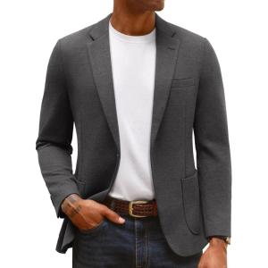 imagePJ PAUL JONES Mens Knit Blazer Casual One Button Sport Coat Slim Fit Lightweight Blazer JacketDark Gray