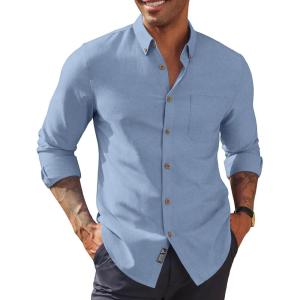 imagePJ PAUL JONES Mens Oxford Button Down Shirt Long Sleeve Regular Fit Business Casual Dress Shirts with Chest PocketDenim Blue