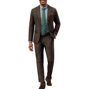 imagePJ PAUL JONES Mens 2 Piece Suit Vintage Herringbone Tweed Suits 2 Button Peak Lapel Blazer Pants SetBrown