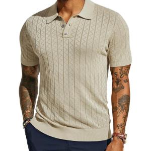 imagePJ PAUL JONES Mens Knitted Polo Shirts Short Sleeve Textured Pullover Golf Polo T ShirtsBeigewavy