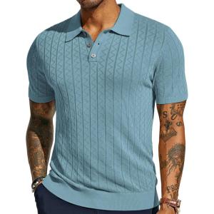 imagePJ PAUL JONES Mens Knitted Polo Shirts Short Sleeve Textured Pullover Golf Polo T ShirtsLight Bluewavy