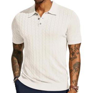 imagePJ PAUL JONES Mens Knitted Polo Shirts Short Sleeve Textured Pullover Golf Polo T ShirtsWhitewavy