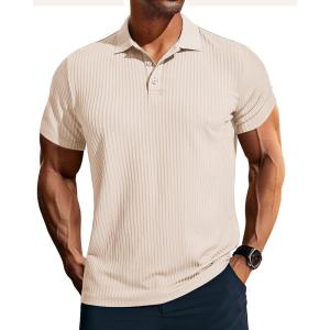 imagePJ PAUL JONES Mens Short Sleeve Texture Polo Shirts Casual Wrinkle Free Stretch Knit Golf Shirt TopsApricot