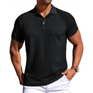 imagePJ PAUL JONES Mens Short Sleeve Texture Polo Shirts Casual Wrinkle Free Stretch Knit Golf Shirt TopsBlack