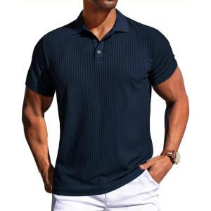 imagePJ PAUL JONES Mens Short Sleeve Texture Polo Shirts Casual Wrinkle Free Stretch Knit Golf Shirt TopsDark Blue