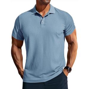 imagePJ PAUL JONES Mens Short Sleeve Texture Polo Shirts Casual Wrinkle Free Stretch Knit Golf Shirt TopsLight Blue