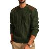 imagePJ PAUL JONES Mens Sweater Military Cable Knit Crewneck Vintage Long Sleeve Pulllover Sweaters with Suede PatchworkArmy Green