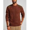 imagePJ PAUL JONES Mens Sweater Military Cable Knit Crewneck Vintage Long Sleeve Pulllover Sweaters with Suede PatchworkBrown