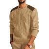 imagePJ PAUL JONES Mens Sweater Military Cable Knit Crewneck Vintage Long Sleeve Pulllover Sweaters with Suede PatchworkCamel