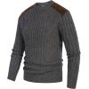 imagePJ PAUL JONES Mens Sweater Military Cable Knit Crewneck Vintage Long Sleeve Pulllover Sweaters with Suede PatchworkDark Grey