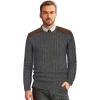imagePJ PAUL JONES Mens Sweater Military Cable Knit Crewneck Vintage Long Sleeve Pulllover Sweaters with Suede PatchworkDark Grey